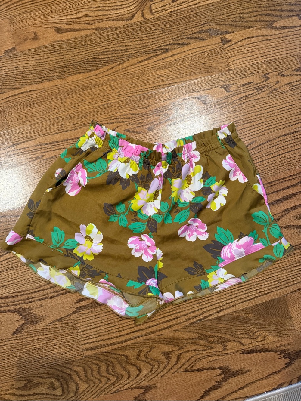 aerie Olive Floral Athletic Shorts with Pink and White Blooms
